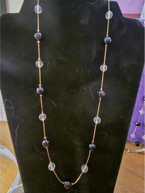 Vintage Trifari 2-Necklace Set 28" & 22" Gold Tone Black & Clear Beaded Chains